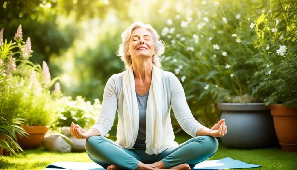 Woman meditating peacefully for stress reduction Woman meditating peacefully for stress reduction