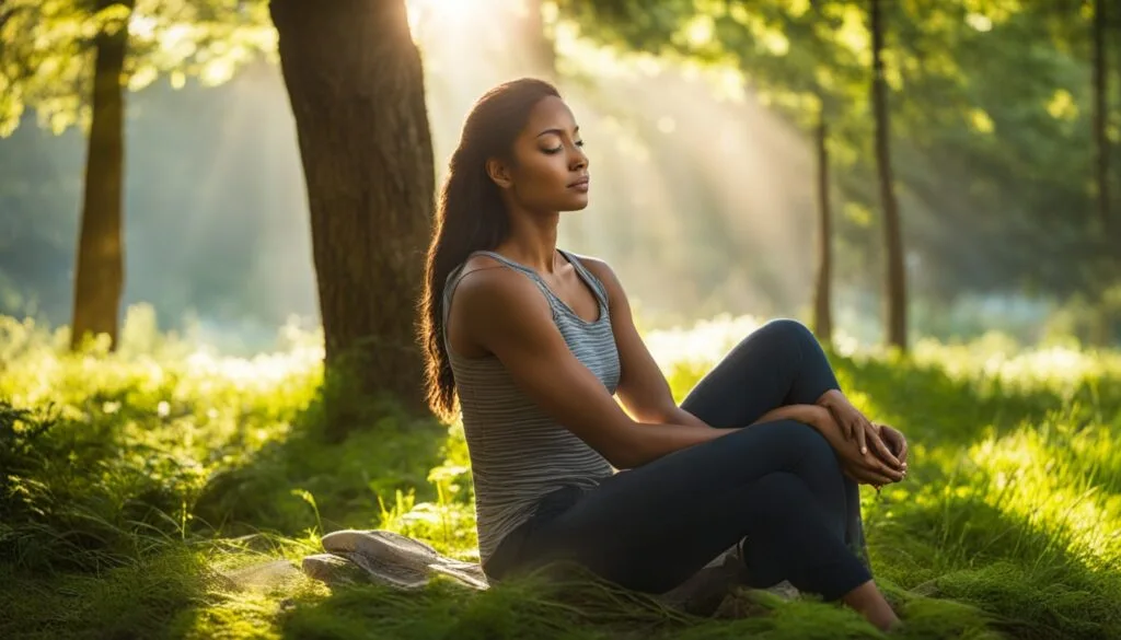 Woman meditating peacefully outdoors, experiencing the benefits of daily meditation Woman meditating peacefully outdoors, experiencing the benefits of daily meditation