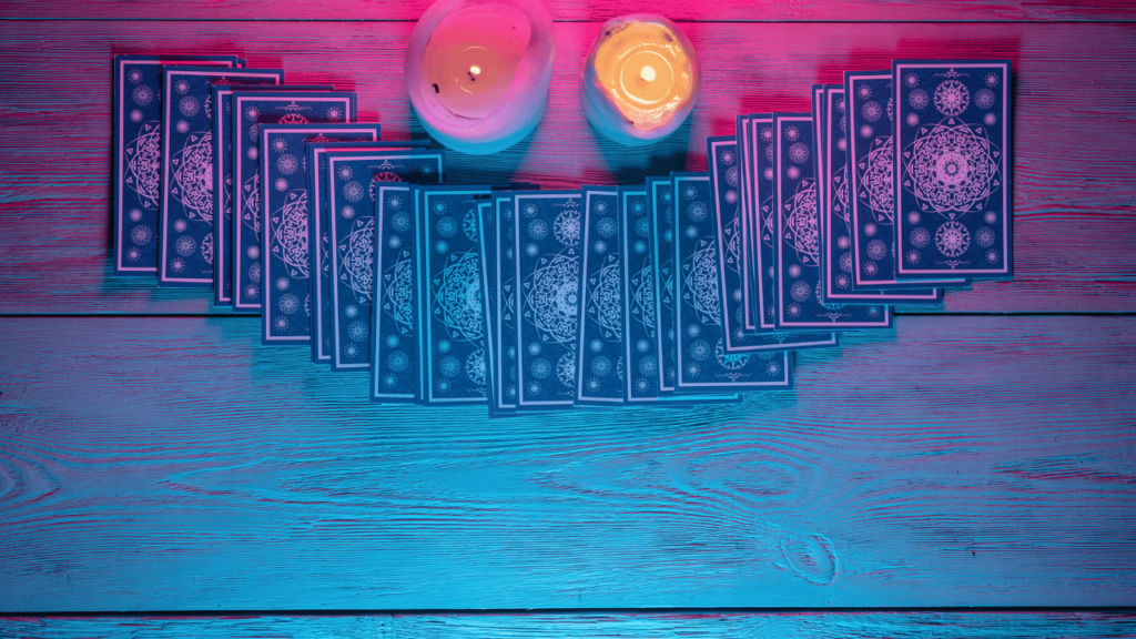 A dimly lit room, candles flickering, herbs and crystals adorning a wooden table. In the foreground, various tarot cards are carefully laid out, each with a unique symbol or design. In the middle ground, a hand hovers over the cards, radiating a soft, ethereal glow. Surrounding the table, shelves display alternative cleansing tools: incense, singing bowls, and quartz clusters. The atmosphere is one of introspection and ritual, inviting the viewer to explore the mystical world of tarot deck cleansing beyond the traditional sage-burning practice. Alternative Methods to Cleanse Your Tarot Deck