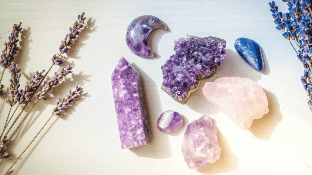 A collection of healing crystals arranged harmoniously, bathed in soft, natural lighting. In the foreground, an array of smooth, polished stones in various hues - amethyst, rose quartz, clear quartz, and more - forming interconnected clusters. The middle ground features thoughtfully placed candles, their flames casting a warm, flickering glow. In the background, a subtle, misty atmosphere evokes a tranquil, meditative space, highlighting the crystals' ethereal qualities. The overall composition exudes a sense of balance, rejuvenation, and the synergistic power of crystal pairings for holistic healing. Healing Crystals Chart Combinations