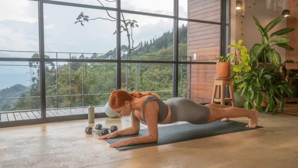 A serene, sun-dappled yoga studio, with a practitioner seated in a lotus position, palms together in a meditative mudra. In the foreground, a wooden table holds an array of mindfully prepared seasonal fruits, vegetables, and whole grains, inviting the viewer to pause and savor each bite. Soft, natural light filters through large windows, casting a warm glow on the scene. The atmosphere is one of tranquility and balance, conveying the harmony of nourishing the body and mind through conscious movement and consumption. Eat, Move, and Rest Mindfully: Everyday Habits that Reduce Stress