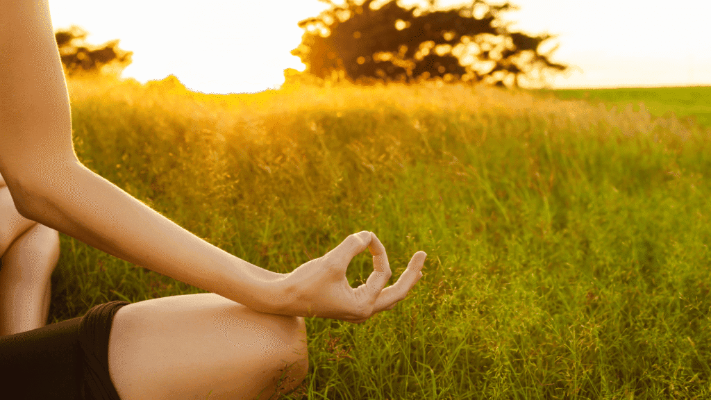 A serene, sun-dappled meadow, with lush grass and vibrant wildflowers swaying in a gentle breeze. In the foreground, a person sits cross-legged, their eyes closed, palms resting on their knees. A soft, warm light bathes their face, evoking a sense of inner peace and mindful presence. The middle ground features an array of textures and sensations - the rough bark of a nearby tree, the tickle of a butterfly's wings, the earthy scent of the soil. In the distance, a tranquil lake reflects the azure sky, creating a calming, meditative atmosphere. The overall composition conveys a deep connection to the present moment, where all the senses are fully engaged and grounded. Turn On Your Senses: Grounding to the Present Moment
