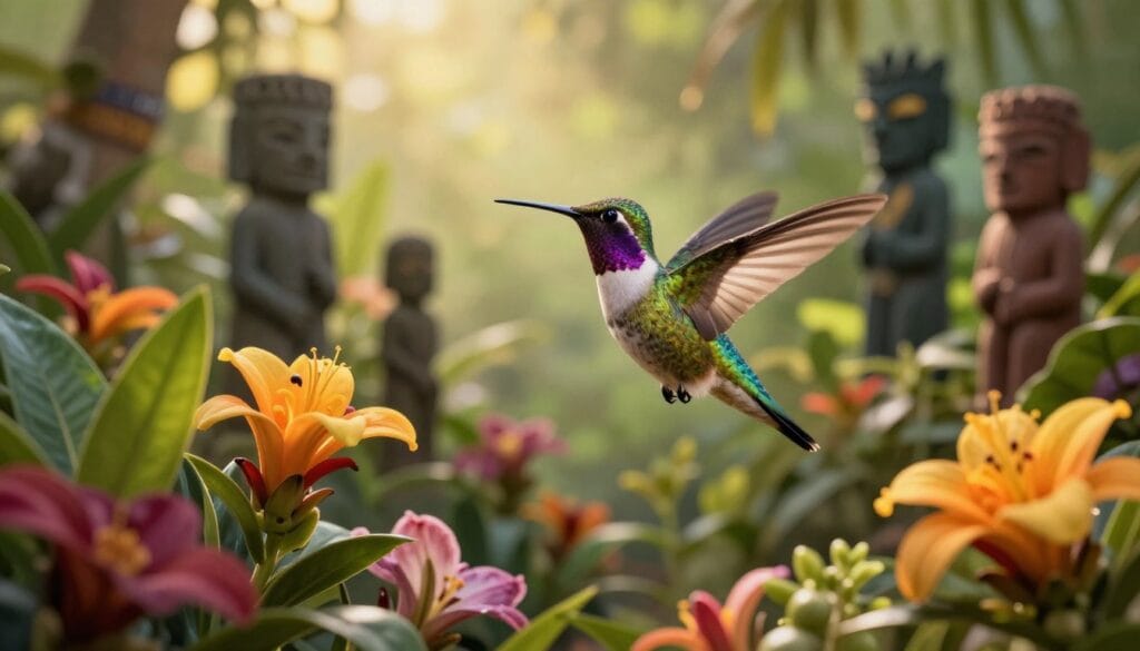 A vibrant hummingbird hovering in a lush, tropical garden filled with colorful blossoms, representing cultural symbolism and spiritual connection. In the foreground, detailed floral elements with rich greens and bright hues create a vivid environment. The middle ground features the hummingbird in action, wings a blur, showcasing its iridescent feathers reflecting sunlight. In the background, soft-focus silhouettes of ancestral figures or totemic symbols relate to various cultural beliefs surrounding hummingbirds, adding depth and context. The lighting is warm and inviting, with golden hour sunlight filtering through leaves, casting gentle shadows. The atmosphere is serene, invoking a sense of spirituality and reverence, emphasizing the hummingbird's role as a messenger between worlds. A vibrant hummingbird hovering in a lush, tropical garden filled with colorful blossoms, representing cultural symbolism and spiritual connection. In the foreground, detailed floral elements with rich greens and bright hues create a vivid environment. The middle ground features the hummingbird in action, wings a blur, showcasing its iridescent feathers reflecting sunlight. In the background, soft-focus silhouettes of ancestral figures or totemic symbols relate to various cultural beliefs surrounding hummingbirds, adding depth and context. The lighting is warm and inviting, with golden hour sunlight filtering through leaves, casting gentle shadows. The atmosphere is serene, invoking a sense of spirituality and reverence, emphasizing the hummingbird's role as a messenger between worlds.