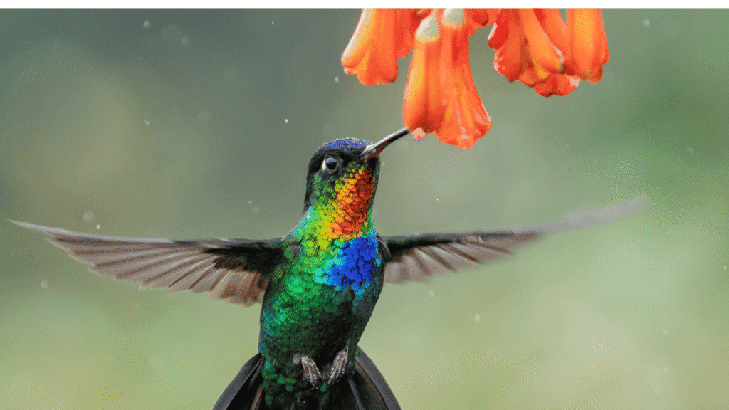 A vibrant hummingbird hovering delicately above a colorful flower, its iridescent feathers shimmering in the soft sunlight. The foreground showcases the hummingbird in sharp focus, capturing the intricate details of its wings and beak. In the middle ground, lush green foliage and blooming flowers create a serene garden scene, enhancing the sense of hope and joy. The background features a gentle blurred bokeh effect of soft light, evoking a peaceful, magical atmosphere. The overall mood is uplifting and harmonious, symbolizing healing and good luck. Bright, warm lighting highlights the hummingbird's vibrant colors, while a shallow depth of field draws attention to the subject, creating an enchanting visual narrative of spiritual significance. Hummingbird meaning and symbolism: hope, joy, healing, and good luck